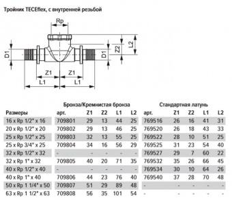 TECEflex Тройник 90° с внутренней резьбой, латунь 32 × Rp 1" × 32, 769532