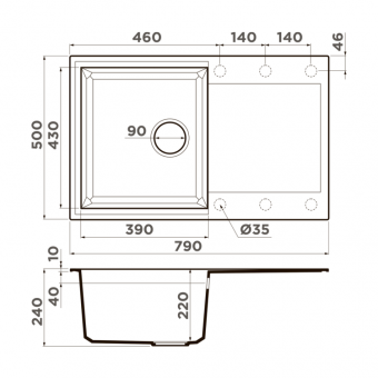 Мойка, OMOIKIRI, Sakaime, шгв 790*500*240, отверстия для смесителя-6 промаркированных, цвет-бежевый