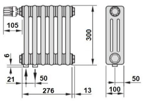 Радиатор Zehnder 3030 6 секций нижнее подключение
