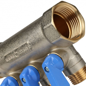 STOUT Коллектор с шаровыми кранами 1", 3 отвода 1/2" (синие ручки) - SMB-6201-011203