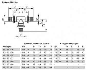 TECEflex Тройник 90°, латунь 16 × 16 × 16, 760016